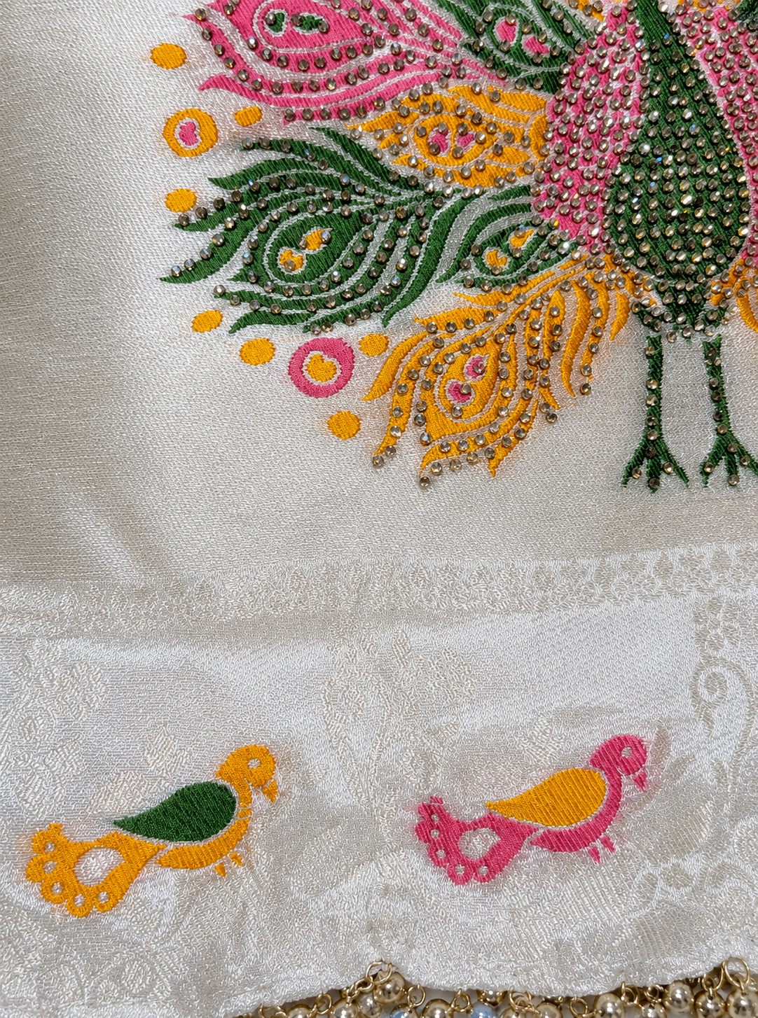 Cream Peacock Embroidered Unstitched Suit Set with Designer Dupatta