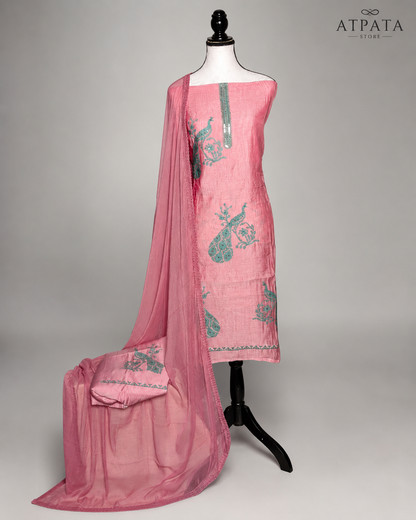 Peacock Embroidered Twill Organza Unstitched Suit Set with Shifon Dupatta – 4 Colors