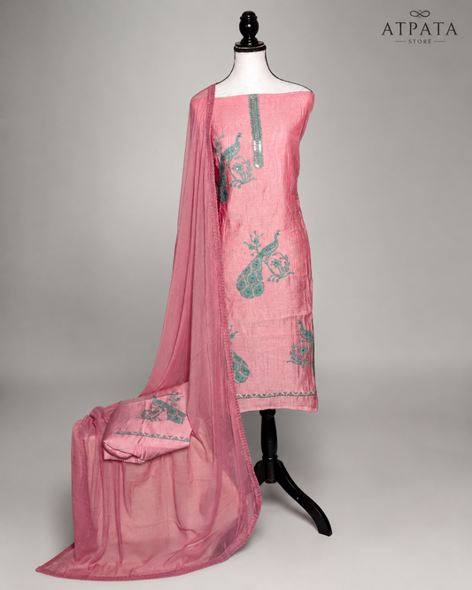 Peacock Embroidered Twill Organza Unstitched Suit Set with Shifon Dupatta – 4 Colors