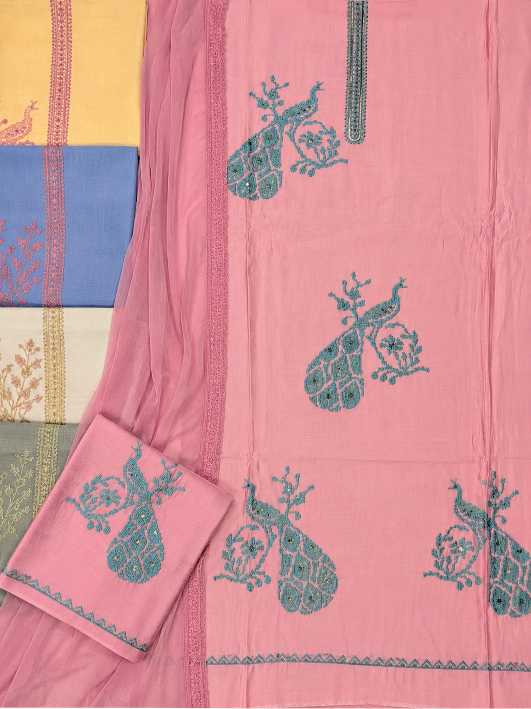 Peacock Embroidered Twill Organza Unstitched Suit Set with Shifon Dupatta – 4 Colors