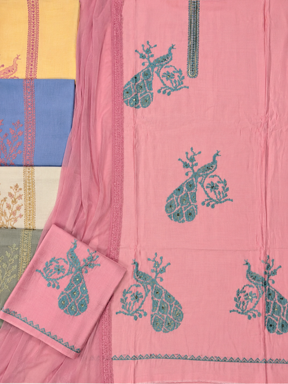 Peacock Embroidered Twill Organza Unstitched Suit Set with Shifon Dupatta – 4 Colors
