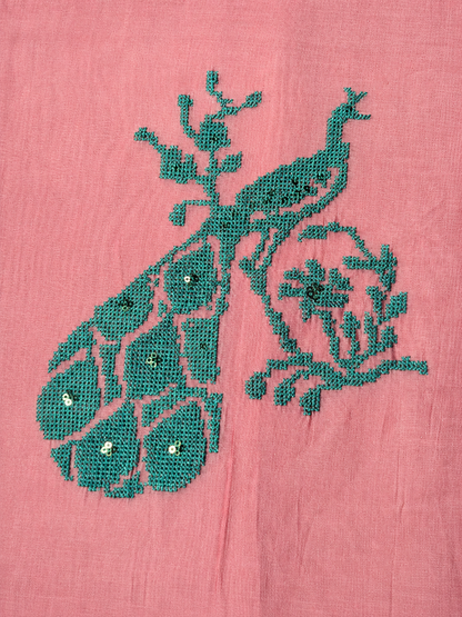 Peacock Embroidered Twill Organza Unstitched Suit Set with Shifon Dupatta – 4 Colors