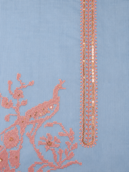 Peacock Embroidered Twill Organza Unstitched Suit Set with Shifon Dupatta – 4 Colors