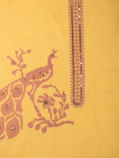 Peacock Embroidered Twill Organza Unstitched Suit Set with Shifon Dupatta – 4 Colors