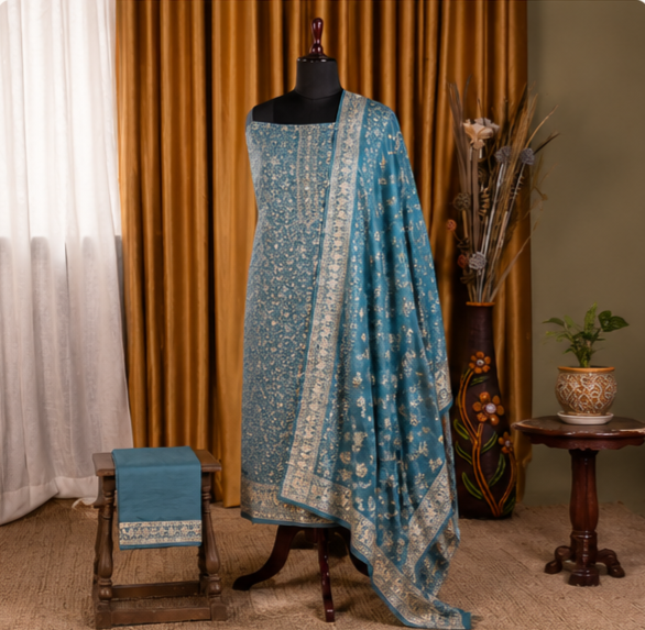 Teal Blue Handblock Inspired Cotton Suit Set with Dupatta