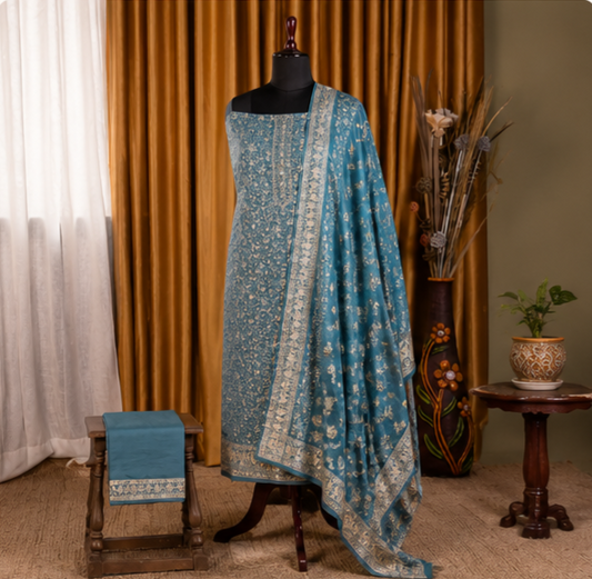 Teal Blue Handblock Inspired Cotton Suit Set with Dupatta