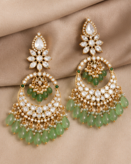 Mint Green Kundan Chandbali Earrings