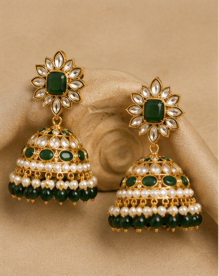 Emerald Green Kundan Jhumka Earrings