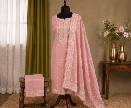 Blush Pink Chikankari Inspired Cotton Suit Set with Dupatta