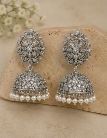 Silver Oxidised Pearl Jhumka Earrings