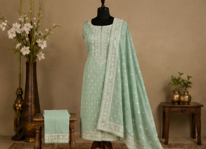Mint Green Embroidered Cotton Suit Set with Dupatta