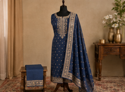 Royal Navy Blue Embroidered Cotton Suit Set with Dupatta