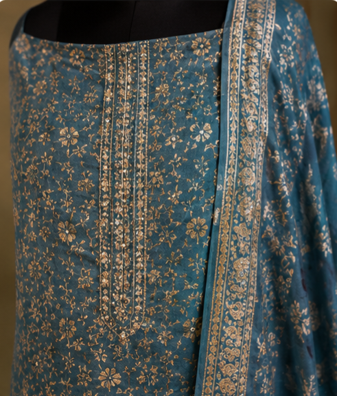 Teal Blue Handblock Inspired Cotton Suit Set with Dupatta