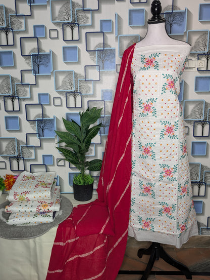Women's Premium Cotton Thread work Unstitched Suit Set with Dupatta | 4 Color Options